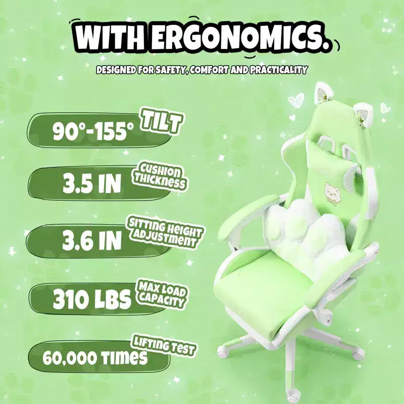 Chaise gaming pivotante chat mignon moderne Okak avec coussin lombaire en forme de patte, chaise de travail ergonomique haute, chaise d'ordinateur pour adultes