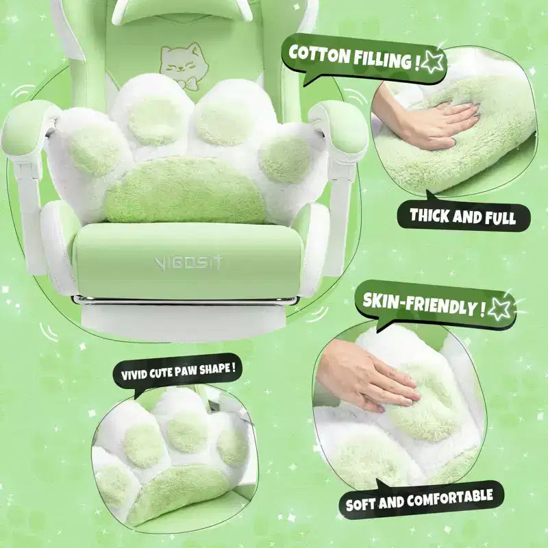 Chaise gaming pivotante chat mignon moderne Okak avec coussin lombaire en forme de patte, chaise de travail ergonomique haute, chaise d'ordinateur pour adultes