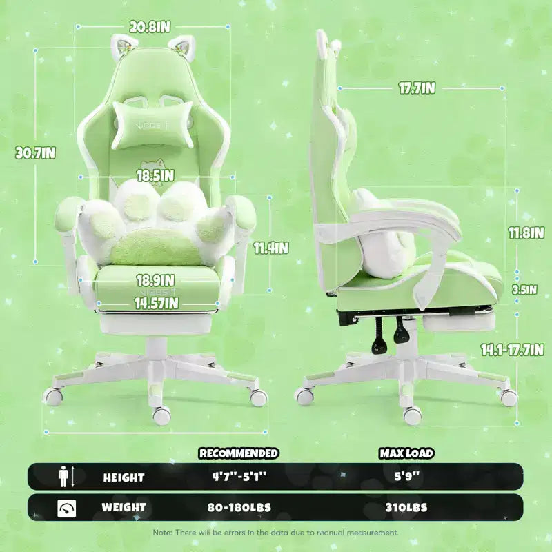 Chaise gaming pivotante chat mignon moderne Okak avec coussin lombaire en forme de patte, chaise de travail ergonomique haute, chaise d'ordinateur pour adultes