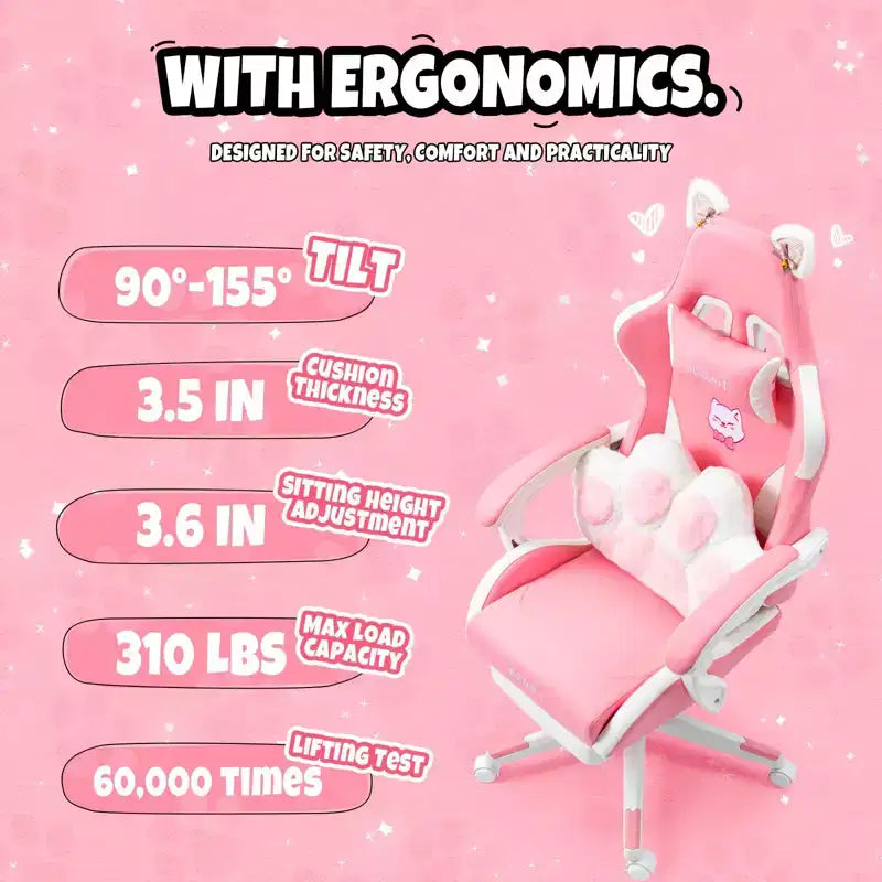 Chaise gaming pivotante chat mignon moderne Okak avec coussin lombaire en forme de patte, chaise de travail ergonomique haute, chaise d'ordinateur pour adultes