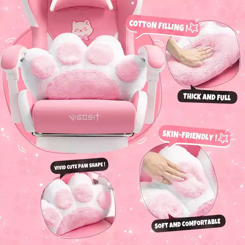 Chaise gaming pivotante chat mignon moderne Okak avec coussin lombaire en forme de patte, chaise de travail ergonomique haute, chaise d'ordinateur pour adultes