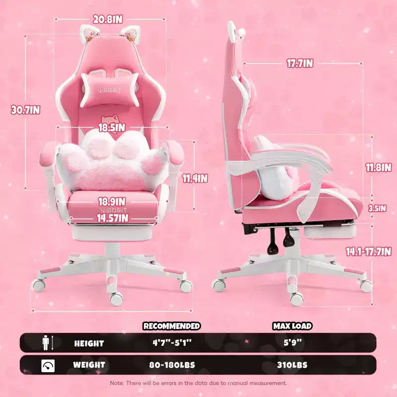 Chaise gaming pivotante chat mignon moderne Okak avec coussin lombaire en forme de patte, chaise de travail ergonomique haute, chaise d'ordinateur pour adultes