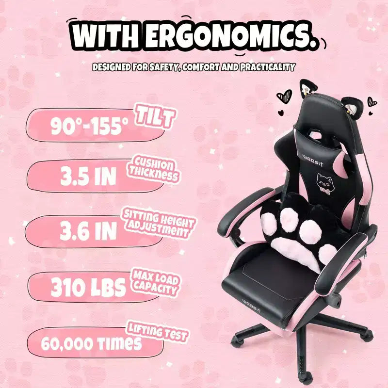 Chaise gaming pivotante chat mignon moderne Okak avec coussin lombaire en forme de patte, chaise de travail ergonomique haute, chaise d'ordinateur pour adultes
