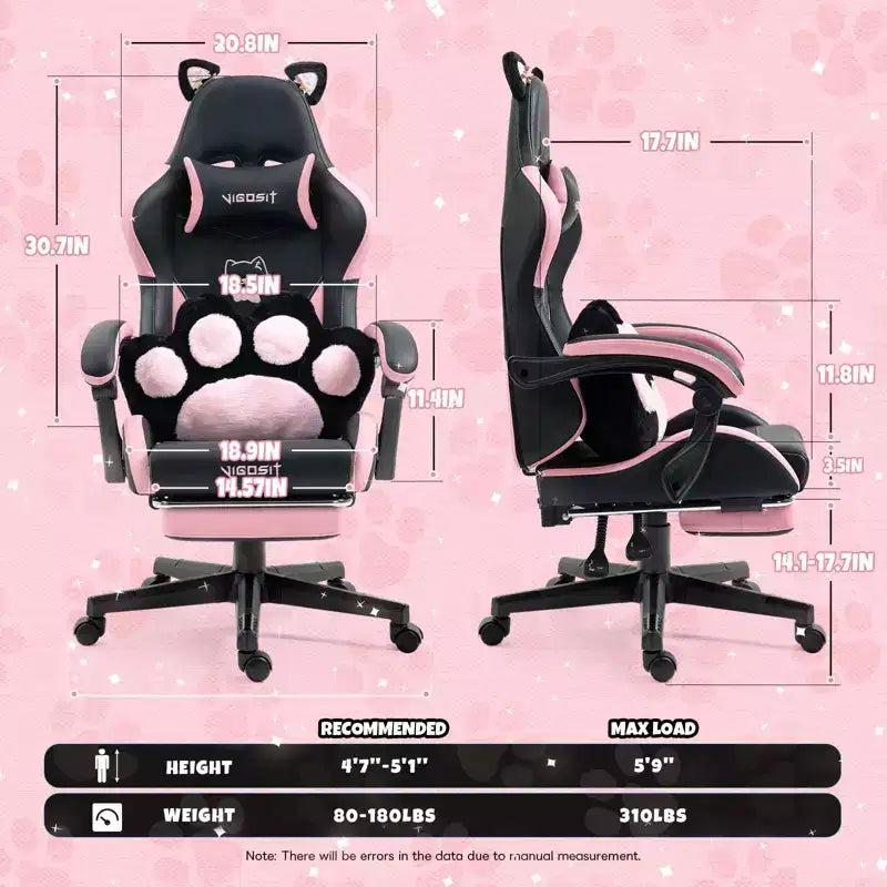 Chaise gaming pivotante chat mignon moderne Okak avec coussin lombaire en forme de patte, chaise de travail ergonomique haute, chaise d'ordinateur pour adultes