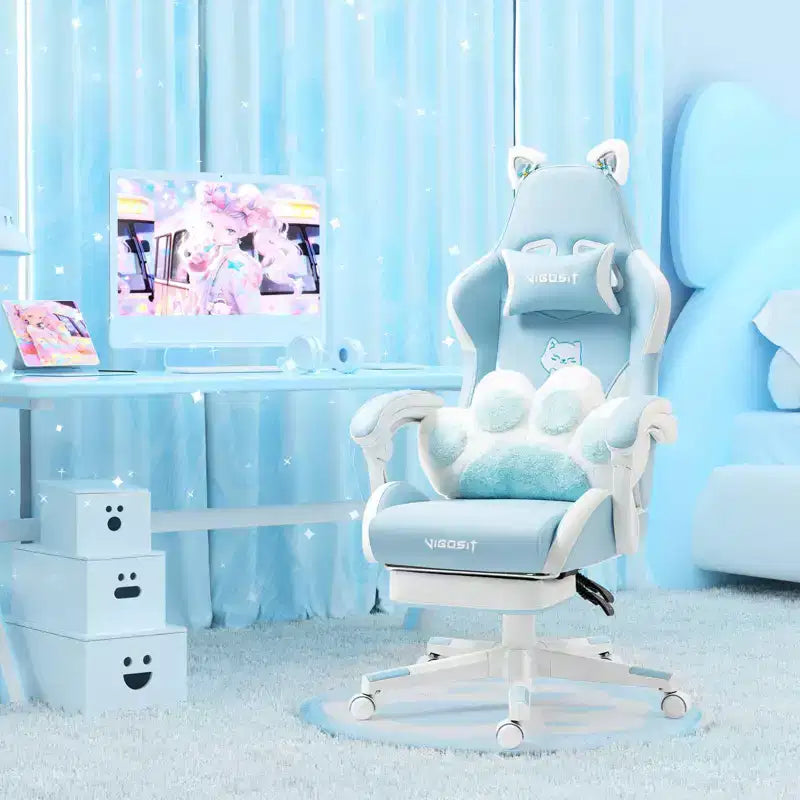 Chaise gaming pivotante chat mignon moderne Okak avec coussin lombaire en forme de patte, chaise de travail ergonomique haute, chaise d'ordinateur pour adultes