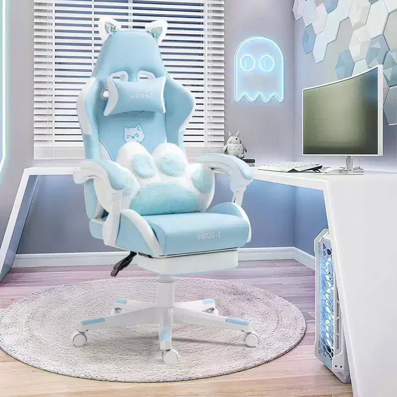 Chaise gaming pivotante chat mignon moderne Okak avec coussin lombaire en forme de patte, chaise de travail ergonomique haute, chaise d'ordinateur pour adultes