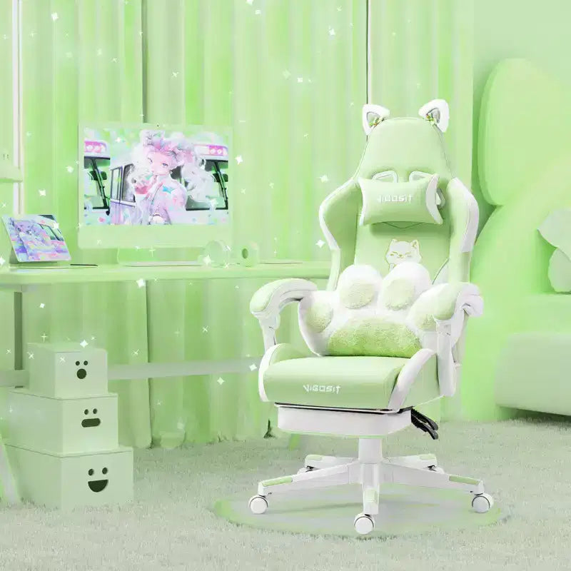 Chaise gaming pivotante chat mignon moderne Okak avec coussin lombaire en forme de patte, chaise de travail ergonomique haute, chaise d'ordinateur pour adultes