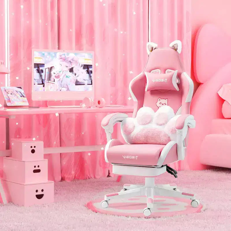 Chaise gaming pivotante chat mignon moderne Okak avec coussin lombaire en forme de patte, chaise de travail ergonomique haute, chaise d'ordinateur pour adultes