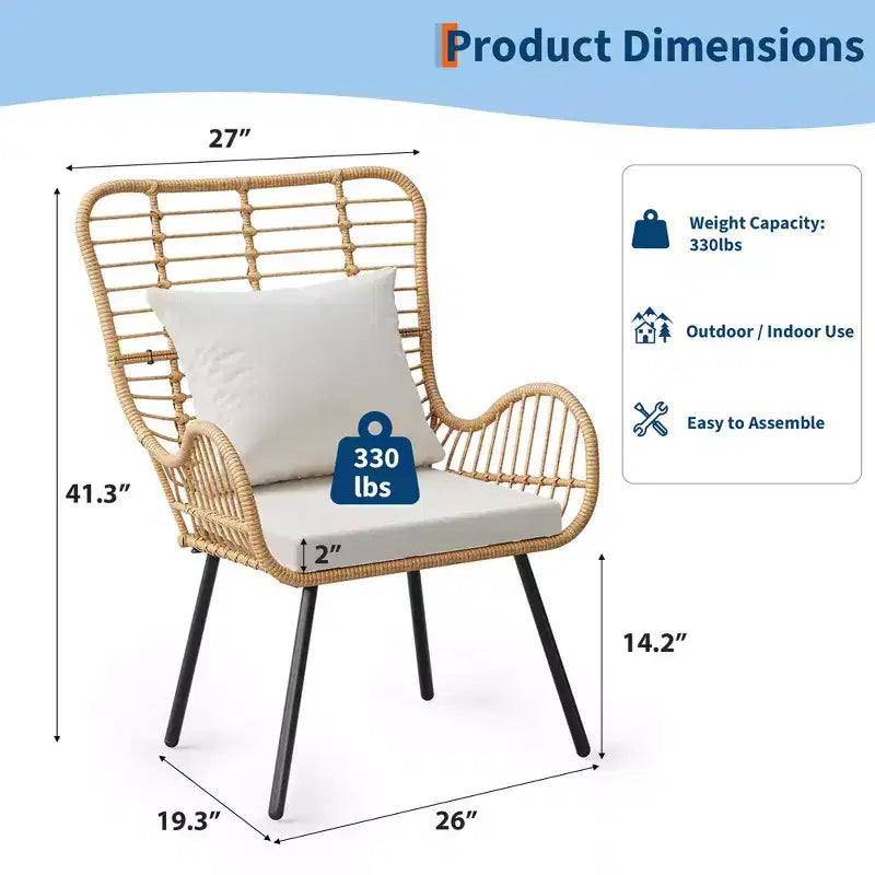 Fauteuils en résine tressée d'extérieur lot de 2, mobilier en résine tressée intérieur/extérieur, fauteuil de patio, fauteuil club toutes saisons avec coussins résistants à l'eau, bohème, marron