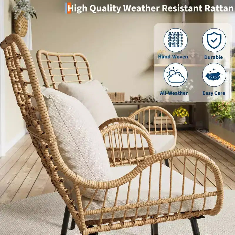 Fauteuils en résine tressée d'extérieur lot de 2, mobilier en résine tressée intérieur/extérieur, fauteuil de patio, fauteuil club toutes saisons avec coussins résistants à l'eau, bohème, marron