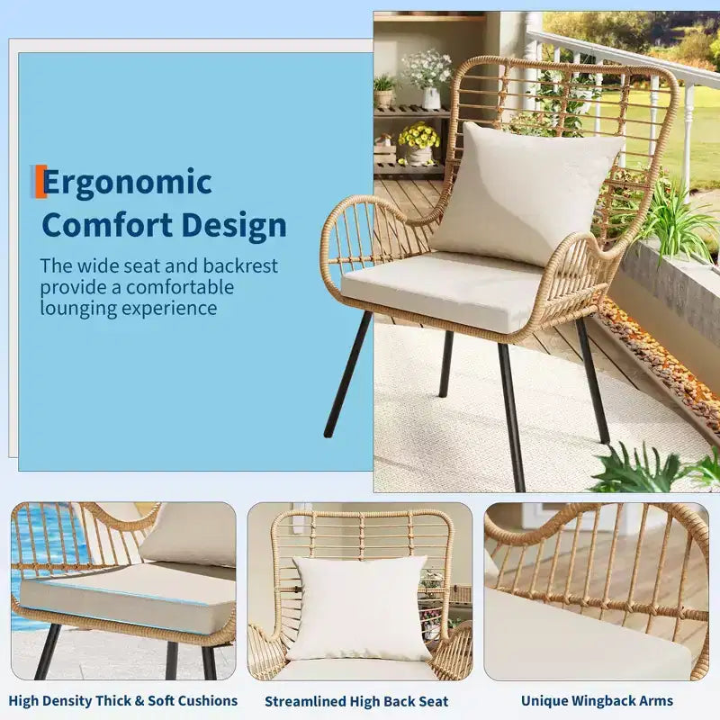 Fauteuils en résine tressée d'extérieur lot de 2, mobilier en résine tressée intérieur/extérieur, fauteuil de patio, fauteuil club toutes saisons avec coussins résistants à l'eau, bohème, marron
