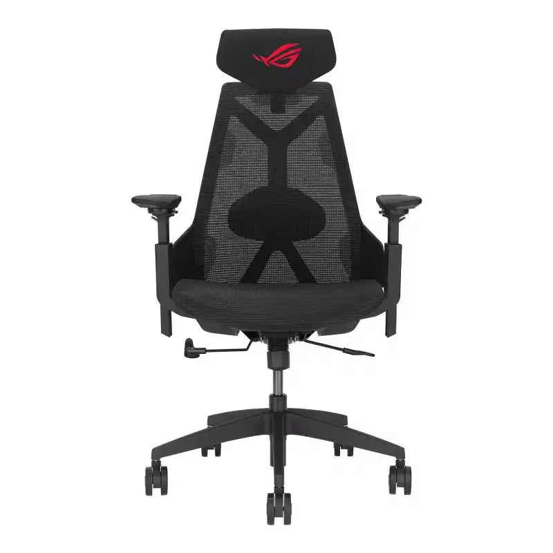 Fauteuil de jeu ergonomique ASUS ROG Destrier Core, design futuriste inspiré des cyborgs, réglages d'assise polyvalents, mode support pour les bras lors des jeux mobiles, panneau acoustique