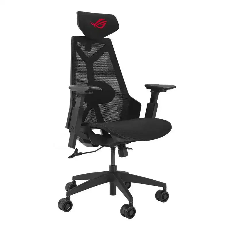 Fauteuil de jeu ergonomique ASUS ROG Destrier Core, design futuriste inspiré des cyborgs, réglages d'assise polyvalents, mode support pour les bras lors des jeux mobiles, panneau acoustique