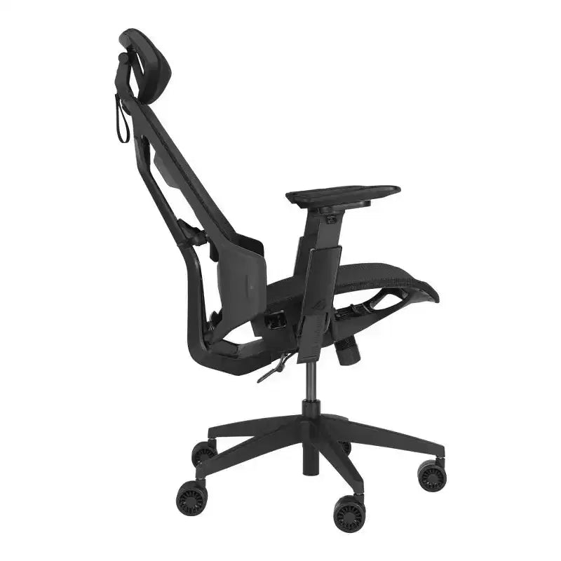 Fauteuil de jeu ergonomique ASUS ROG Destrier Core, design futuriste inspiré des cyborgs, réglages d'assise polyvalents, mode support pour les bras lors des jeux mobiles, panneau acoustique