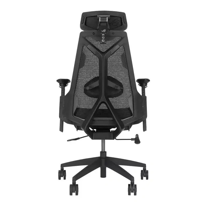 Fauteuil de jeu ergonomique ASUS ROG Destrier Core, design futuriste inspiré des cyborgs, réglages d'assise polyvalents, mode support pour les bras lors des jeux mobiles, panneau acoustique