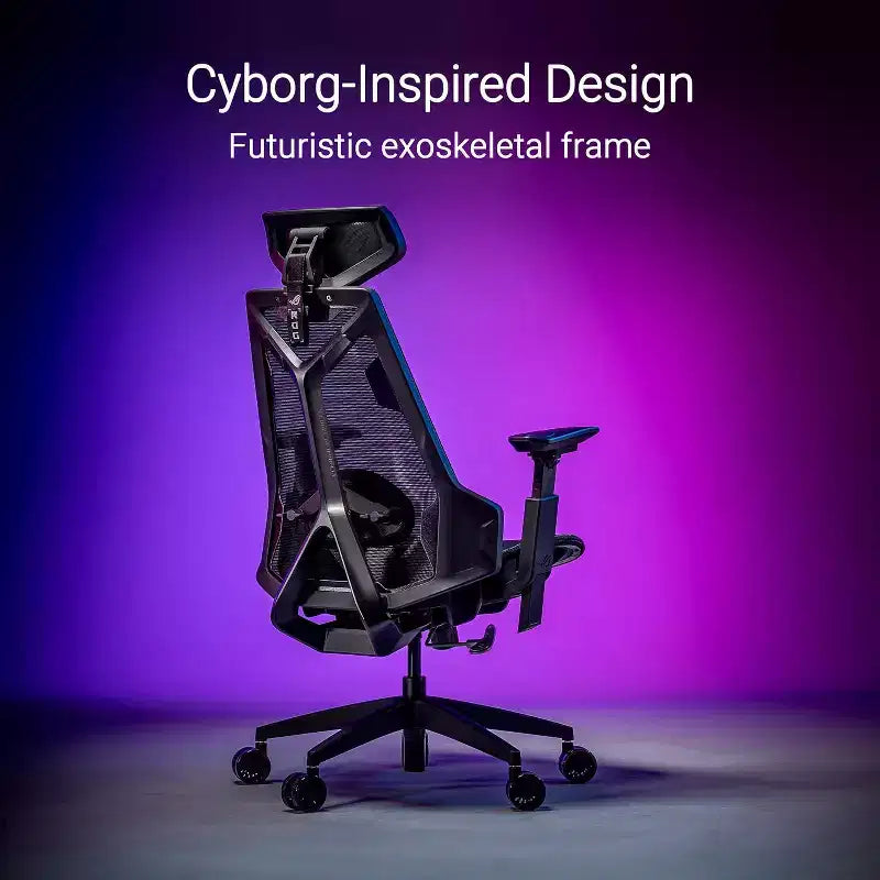 Fauteuil de jeu ergonomique ASUS ROG Destrier Core, design futuriste inspiré des cyborgs, réglages d'assise polyvalents, mode support pour les bras lors des jeux mobiles, panneau acoustique