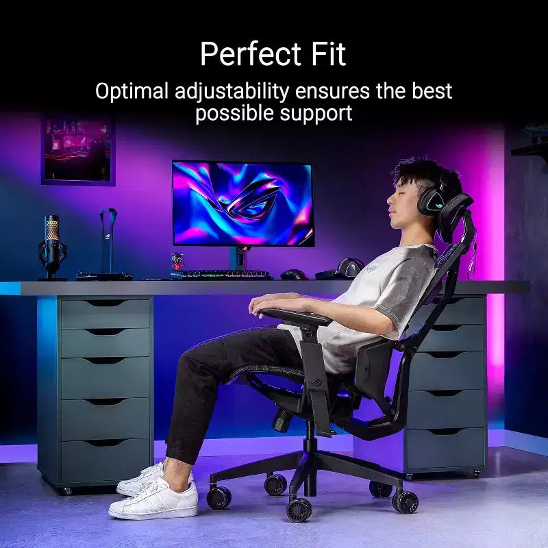 Fauteuil de jeu ergonomique ASUS ROG Destrier Core, design futuriste inspiré des cyborgs, réglages d'assise polyvalents, mode support pour les bras lors des jeux mobiles, panneau acoustique