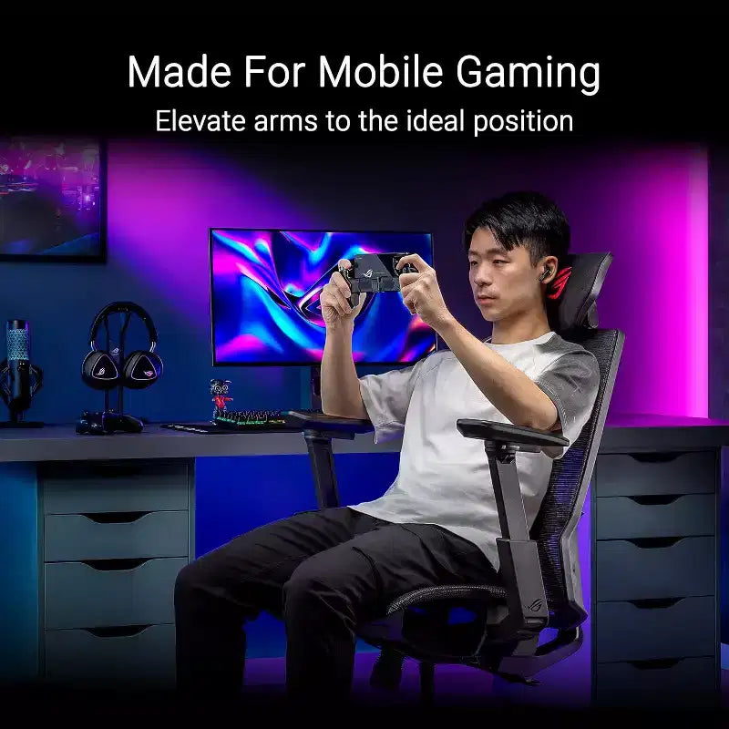 Fauteuil de jeu ergonomique ASUS ROG Destrier Core, design futuriste inspiré des cyborgs, réglages d'assise polyvalents, mode support pour les bras lors des jeux mobiles, panneau acoustique