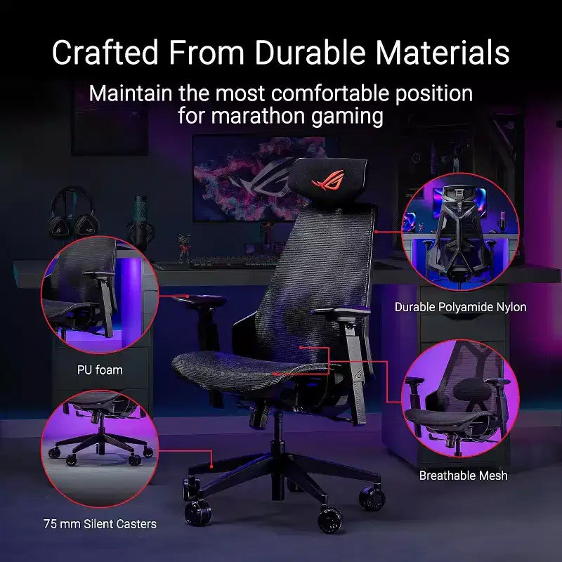 Fauteuil de jeu ergonomique ASUS ROG Destrier Core, design futuriste inspiré des cyborgs, réglages d'assise polyvalents, mode support pour les bras lors des jeux mobiles, panneau acoustique