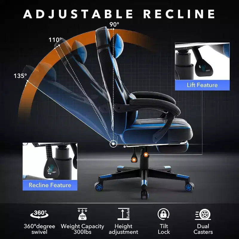 Chaise gaming ergonomique Acekool pour adultes, cuir PU, lombaire de massage, repose-pieds, réglable, pour le bureau ou le gaming