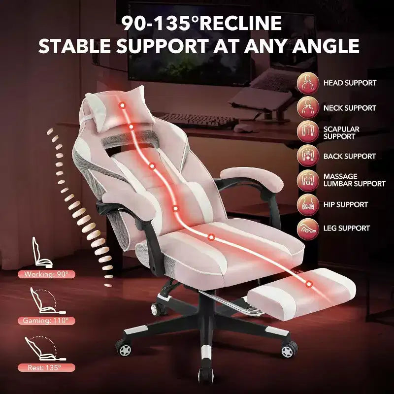 Chaise gaming ergonomique Acekool pour adultes, cuir PU, lombaire de massage, repose-pieds, réglable, pour le bureau ou le gaming