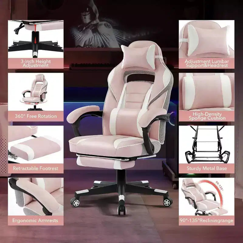 Chaise gaming ergonomique Acekool pour adultes, cuir PU, lombaire de massage, repose-pieds, réglable, pour le bureau ou le gaming