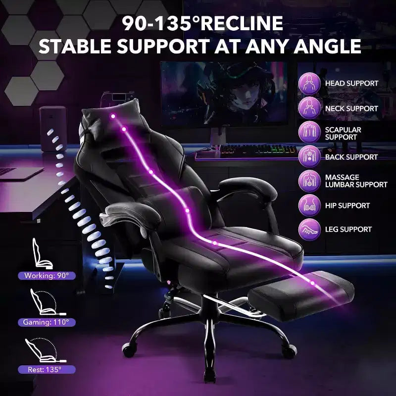 Chaise gaming ergonomique Acekool pour adultes, cuir PU, lombaire de massage, repose-pieds, réglable, pour le bureau ou le gaming