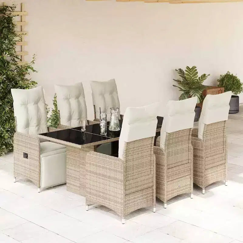 vidaXL Ensemble de bistrot Beige, Rotin PE Marron, Acier, Verre Trempé 6 places