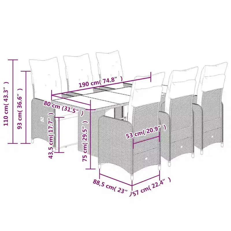 vidaXL Ensemble de bistrot Beige, Rotin PE Marron, Acier, Verre Trempé 6 places