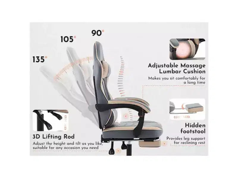 Chaise gaming MAYEERTY, chaise d'ordinateur ergonomique avec repose-pieds et soutien lombaire de massage, chaise de jeu vidéo pivotante à hauteur réglable, bleu beige