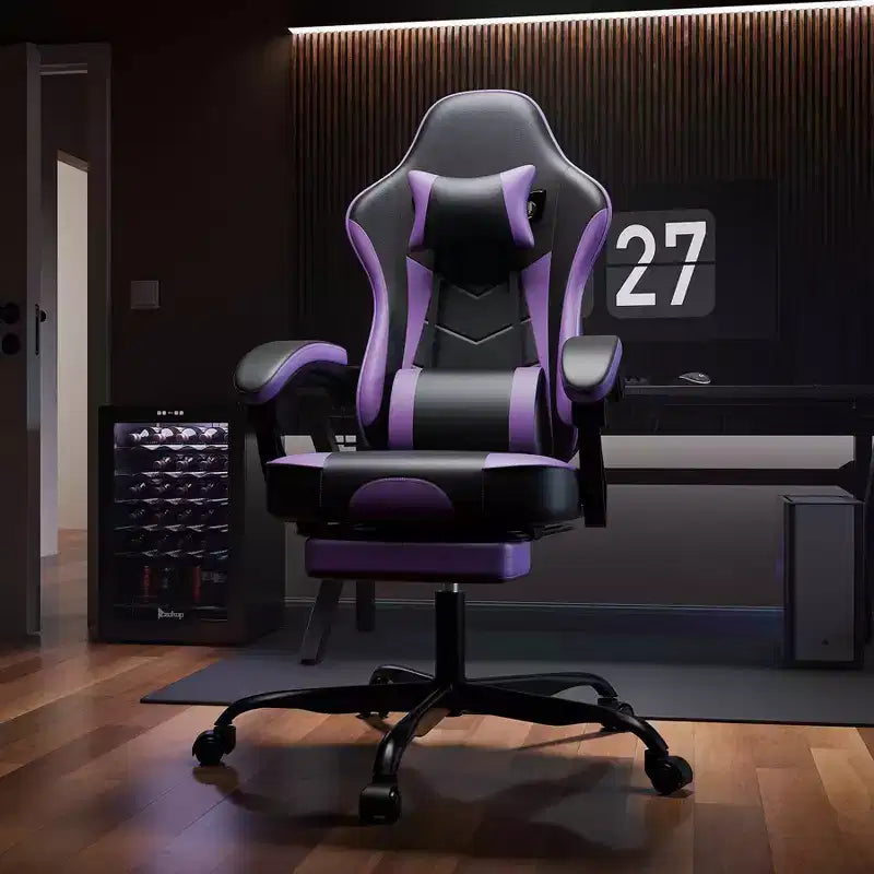 Chaise gaming MAYEERTY, chaise d'ordinateur ergonomique avec repose-pieds et soutien lombaire de massage, chaise de jeu vidéo pivotante à hauteur réglable, violet noir