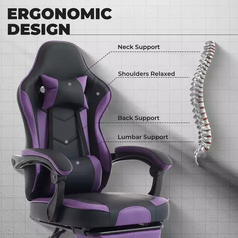 Chaise gaming MAYEERTY, chaise d'ordinateur ergonomique avec repose-pieds et soutien lombaire de massage, chaise de jeu vidéo pivotante à hauteur réglable, violet noir