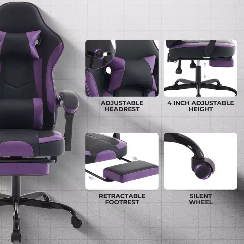 Chaise gaming MAYEERTY, chaise d'ordinateur ergonomique avec repose-pieds et soutien lombaire de massage, chaise de jeu vidéo pivotante à hauteur réglable, violet noir