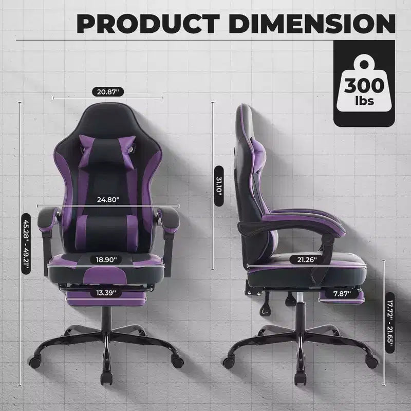Chaise gaming MAYEERTY, chaise d'ordinateur ergonomique avec repose-pieds et soutien lombaire de massage, chaise de jeu vidéo pivotante à hauteur réglable, violet noir