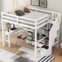 Clihome Lit mezzanine Full avec bureau en L et tiroirs, placard et escalier de rangement