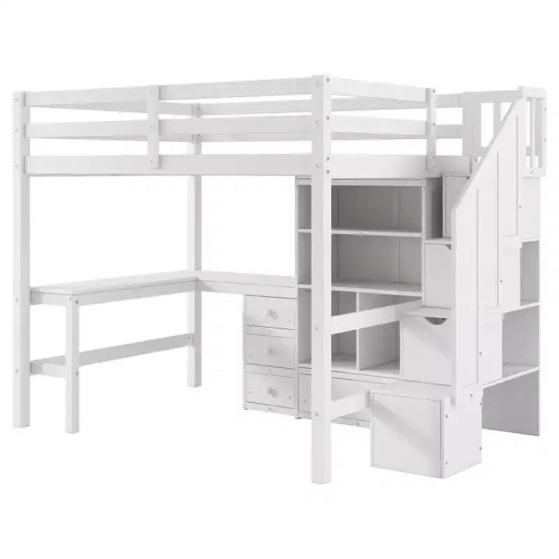 Clihome Lit mezzanine Full avec bureau en L et tiroirs, placard et escalier de rangement