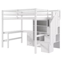 Clihome Lit mezzanine Full avec bureau en L et tiroirs, placard et escalier de rangement