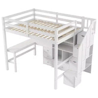 Clihome Lit mezzanine Full avec bureau en L et tiroirs, placard et escalier de rangement