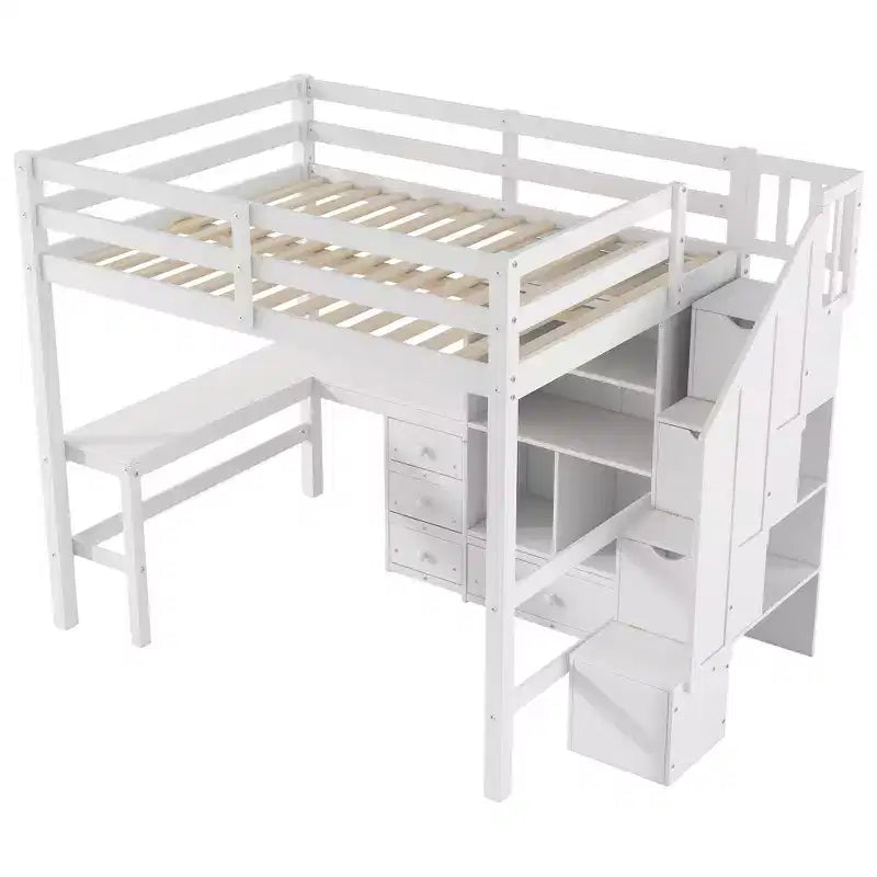 Clihome Lit mezzanine Full avec bureau en L et tiroirs, placard et escalier de rangement