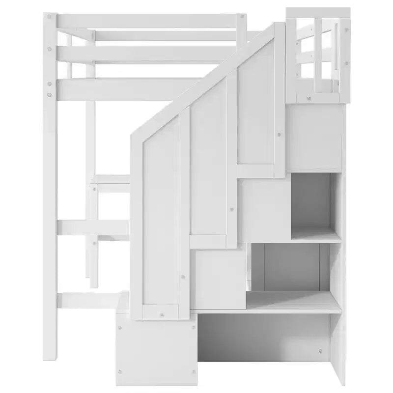 Clihome Lit mezzanine Full avec bureau en L et tiroirs, placard et escalier de rangement