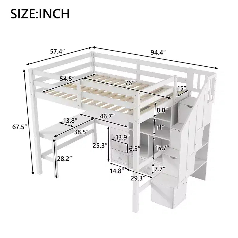 Clihome Lit mezzanine Full avec bureau en L et tiroirs, placard et escalier de rangement