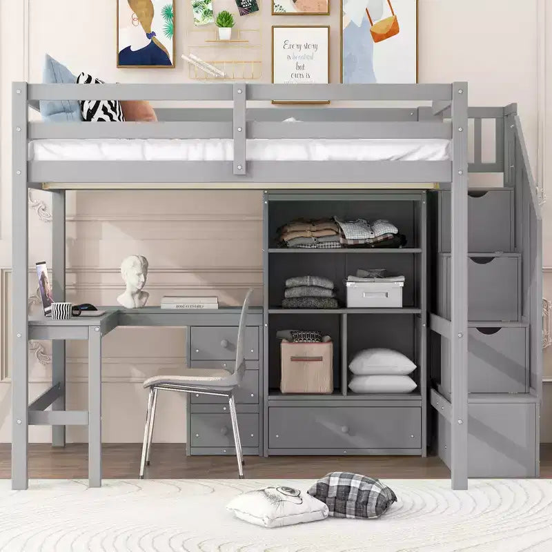 Clihome Lit mezzanine Full avec bureau en L et tiroirs, placard et escalier de rangement