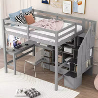 Clihome Lit mezzanine Full avec bureau en L et tiroirs, placard et escalier de rangement