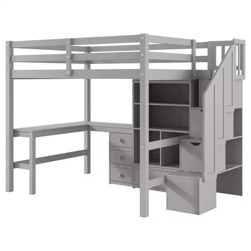 Clihome Lit mezzanine Full avec bureau en L et tiroirs, placard et escalier de rangement