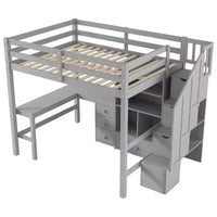 Clihome Lit mezzanine Full avec bureau en L et tiroirs, placard et escalier de rangement
