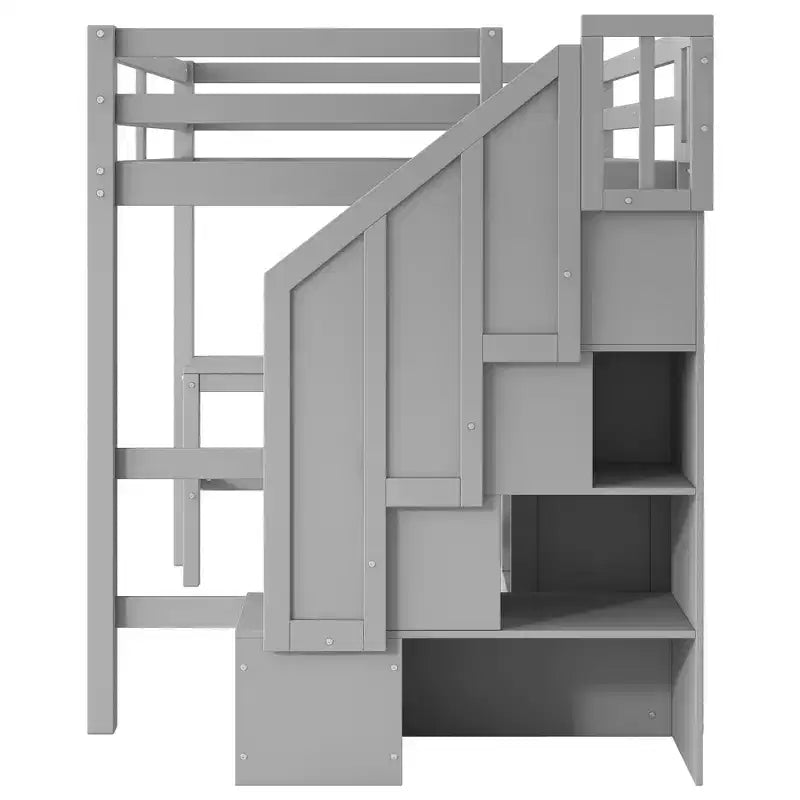 Clihome Lit mezzanine Full avec bureau en L et tiroirs, placard et escalier de rangement