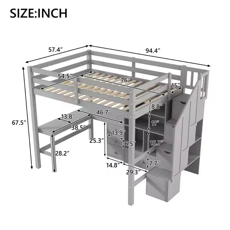 Clihome Lit mezzanine Full avec bureau en L et tiroirs, placard et escalier de rangement