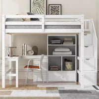 Clihome Lit mezzanine Full avec bureau en L et tiroirs, placard et escalier de rangement