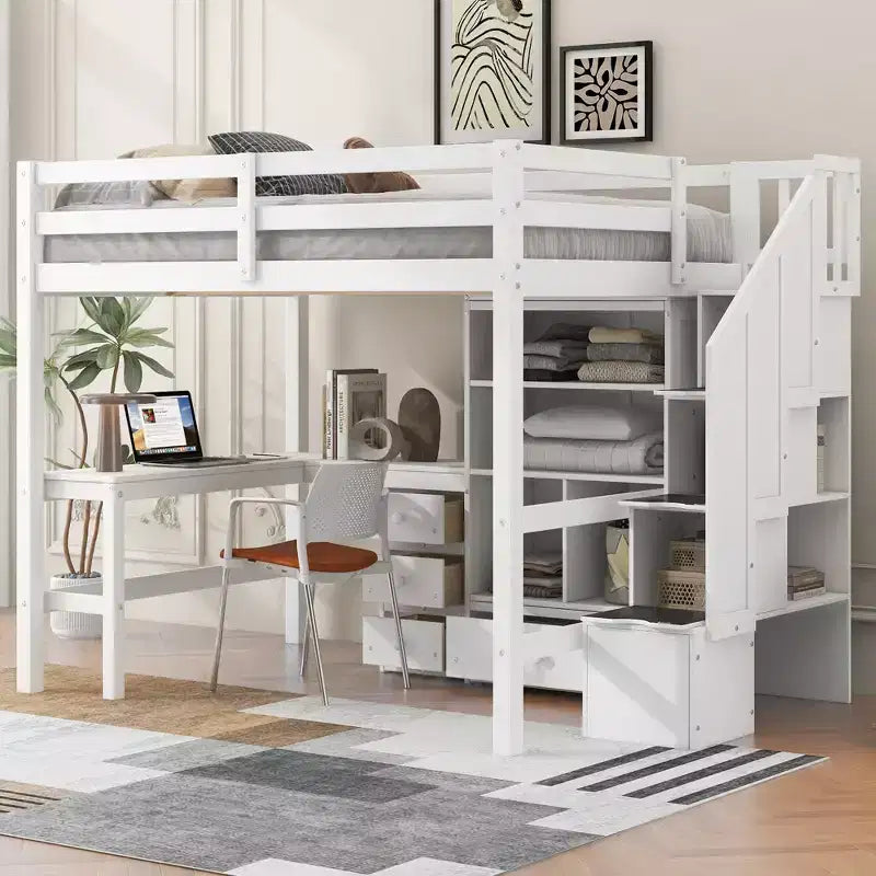 Clihome Lit mezzanine Full avec bureau en L et tiroirs, placard et escalier de rangement