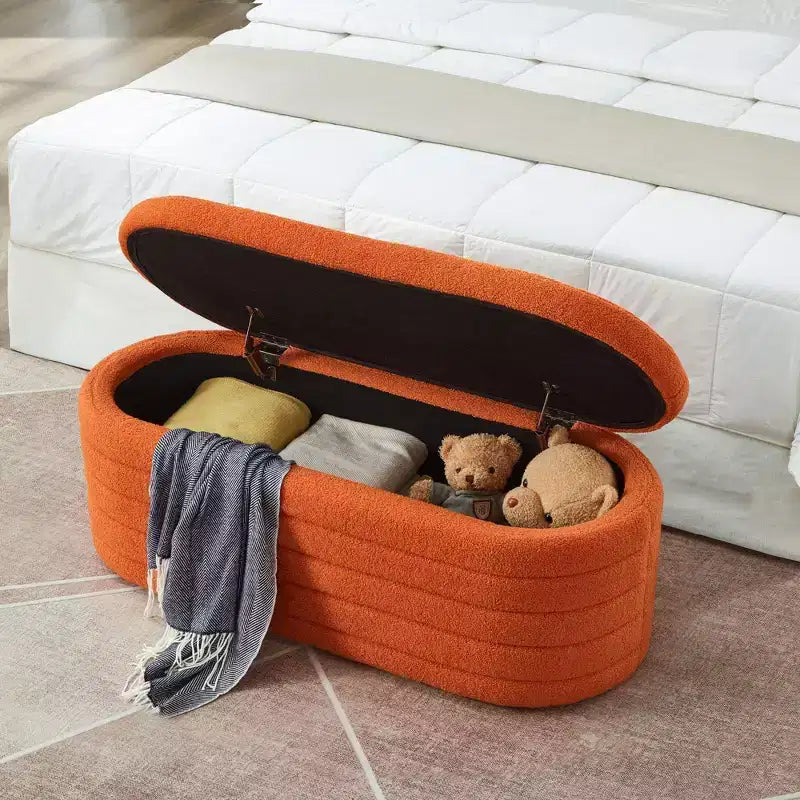 Okak Banc pouf de rangement ovale moderne avec charnière de sécurité, banc d'entrée rembourré, banc de pied de lit pour salon, entrée